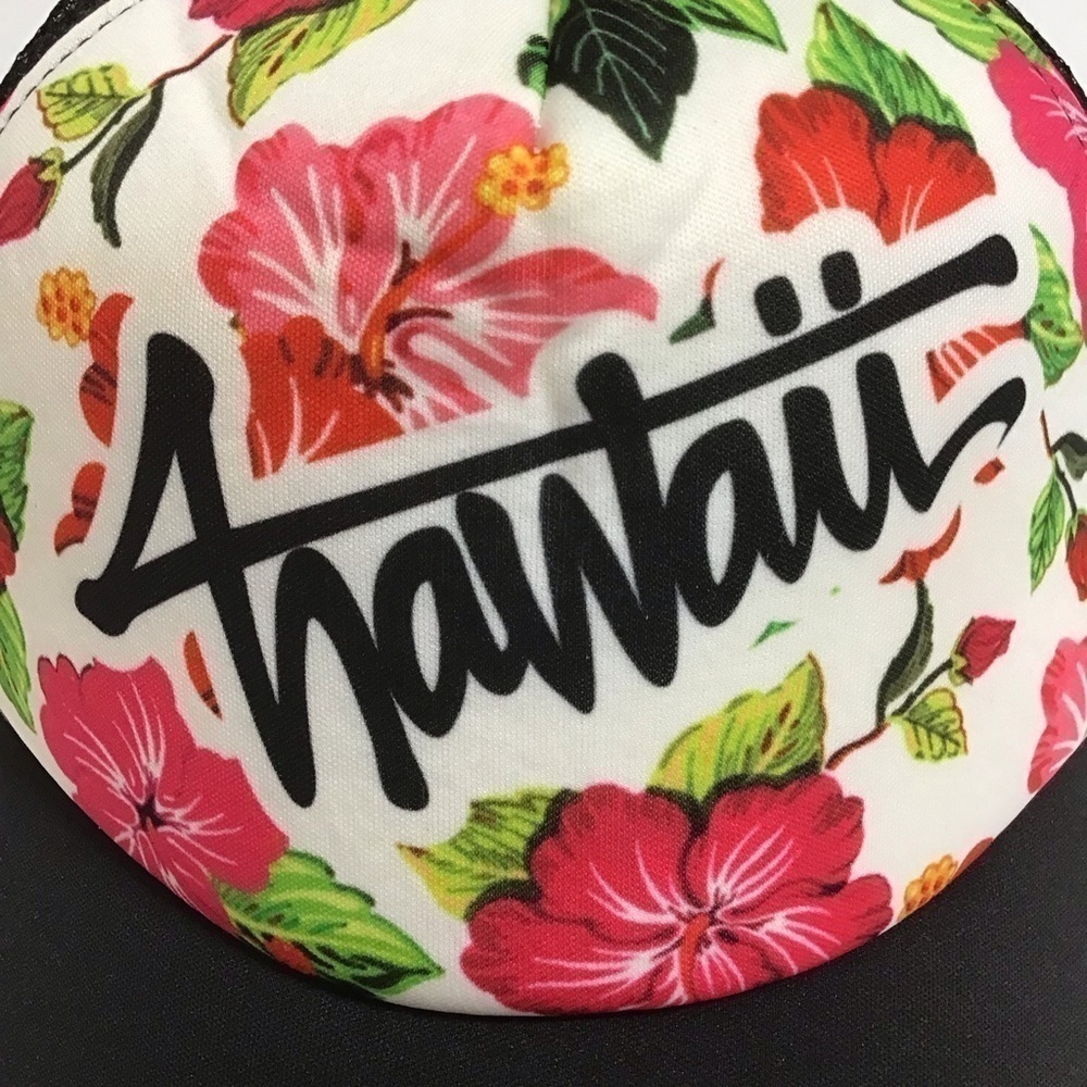 HAWAII Surfer Hat Mesh Snapback Black Cap Pink Hibiscus Floral Adjust Surferware - Picture 4 of 11